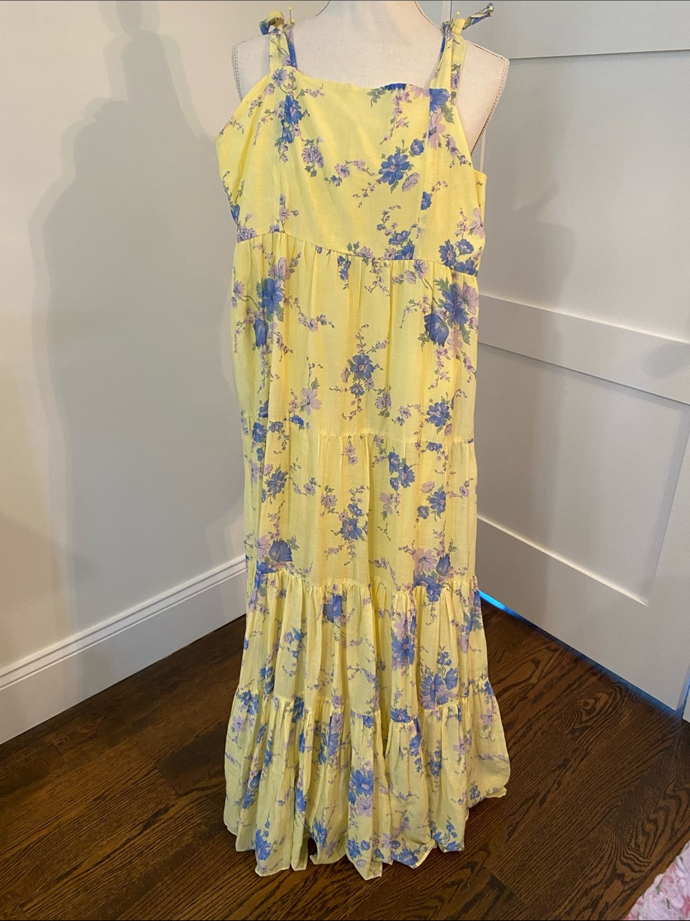 LoveShackFancy Yellow Maxi Dress with Blue Floral Print